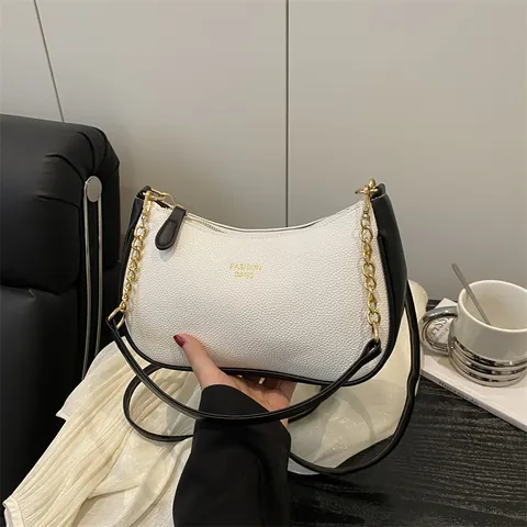 Bolso de Axila de Cuero PU Vintage para Mujer Moda Color de Contraste Bolso de Hombro Con Cadena de Oro Hobo Casual