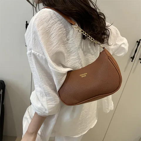 Bolso de Axila de Cuero PU Vintage para Mujer Moda Color de Contraste Bolso de Hombro Con Cadena de Oro Hobo Casual