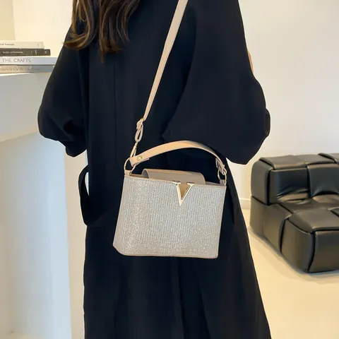 Borsa a Mano da Donna alla Moda con Paillettes e Fibbia a V in Metallo Borsa a Tracolla Glitterata Elegante da Lavoro per Feste