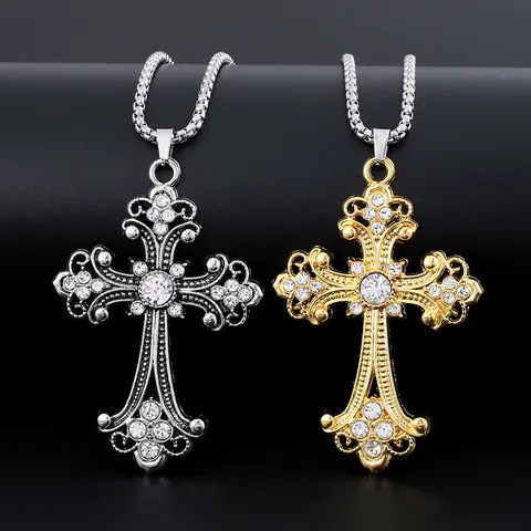 Vintage Baroque Alloy Cross Pendant Necklace With Rhinestone Stainless Steel Dragon Bone Chain Unisex Jewelry Accessory