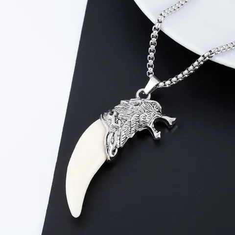 Collier Pendentif Croc de Loup en Résine Alliage Vintage Hommes Hip Hop Chaîne de Quille en Acier Titane Bijoux Punk Tribal