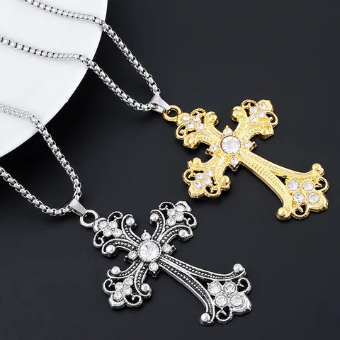 Vintage Baroque Alloy Cross Pendant Necklace With Rhinestone Stainless Steel Dragon Bone Chain Unisex Jewelry Accessory