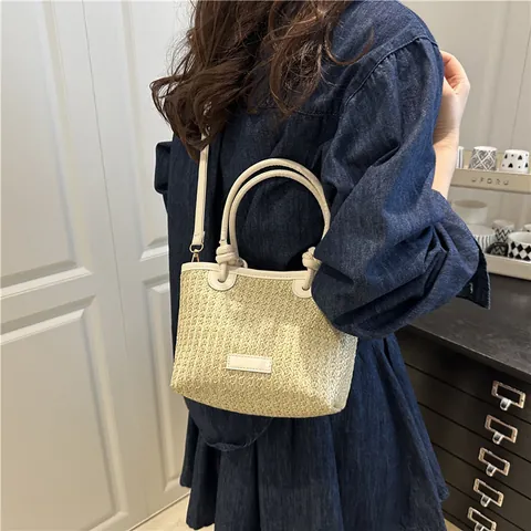 Women Casual Straw Woven PU Leather Tote Bag Vacation Beach Style Handbag With Knot Handle Adjustable Shoulder Strap Basket Bag