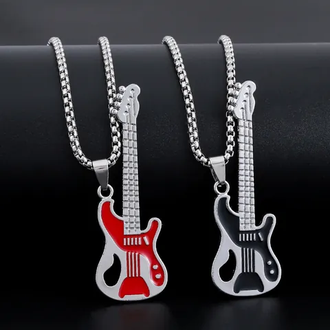 Hip Hop Music Electric Guitar Pendant Necklace For Men Women Titanium Steel Chain Alloy Enamel Rock Punk Jewelry Gift