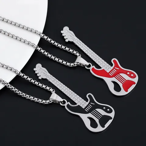 Hip Hop Music Electric Guitar Pendant Necklace For Men Women Titanium Steel Chain Alloy Enamel Rock Punk Jewelry Gift