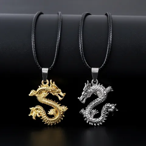 Vintage Dragon Pendant Necklace For Men Stainless Steel Chain Alloy Chinese Zodiac Dragon Charm Gold Silver Color Jewelry
