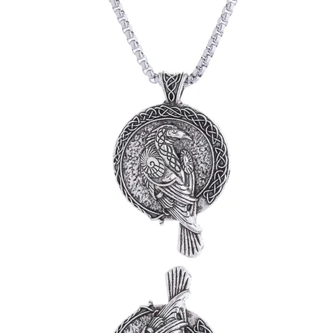 Collier Pendentif Corbeau Viking Pour Hommes Vintage Nœud Celtique Médaille Ronde Chaîne En Acier Inoxydable Bijoux En Alliage