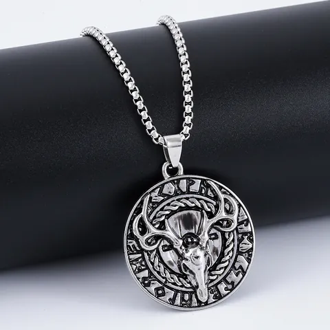 Viking Rétro Argent Crâne de Cerf Pendentif Collier pour Homme Femme Alliage Acier Inoxydable Chaîne Vénitienne Symbole Runique Bijoux Gothique