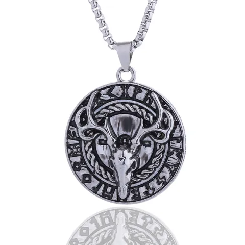 Viking Rétro Argent Crâne de Cerf Pendentif Collier pour Homme Femme Alliage Acier Inoxydable Chaîne Vénitienne Symbole Runique Bijoux Gothique