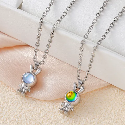 Creative Astronaut Rabbit Pendant Necklace With Titanium Steel Keel Chain Iridescent Moonstone Style Hip Hop Jewelry For Unisex