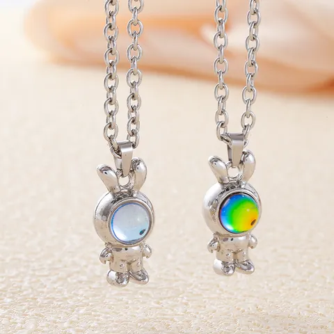 Creative Astronaut Rabbit Pendant Necklace With Titanium Steel Keel Chain Iridescent Moonstone Style Hip Hop Jewelry For Unisex