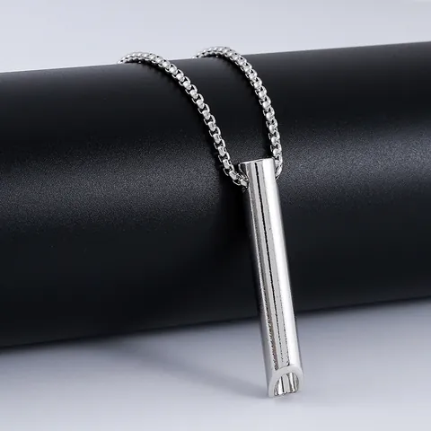 Collier de Respiration Anapana en Acier Inoxydable Alliage Anti-stress Méditation Pendentif Sifflet Cylindrique Bijoux