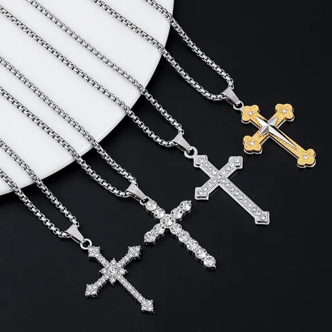 Collier Pendentif Croix Hip Hop Chaîne en Acier Inoxydable Alliage Incrusté de Zirconium Bijoux Religieux pour Hommes Femmes Unisex