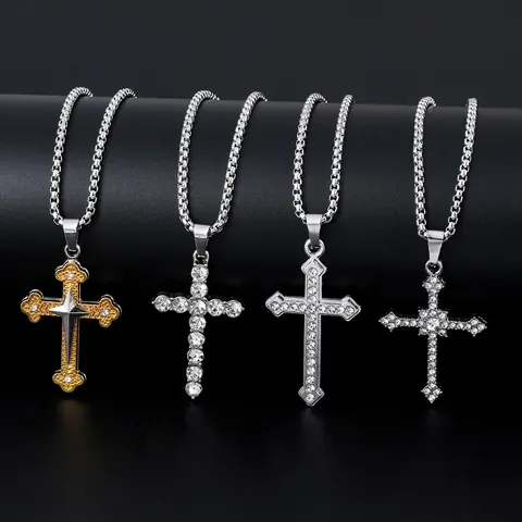 Collier Pendentif Croix Hip Hop Chaîne en Acier Inoxydable Alliage Incrusté de Zirconium Bijoux Religieux pour Hommes Femmes Unisex