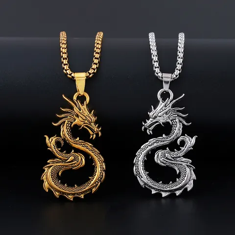 Vintage Chinese Dragon Pendant Necklace For Men Stainless Steel Box Chain Alloy Dragon Zodiac Hip Hop Punk Jewelry Gift