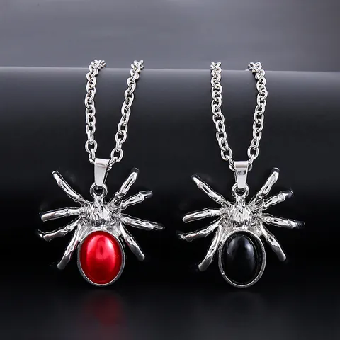Collier Pendentif Araignée Gothique pour Hommes Femmes Alliage Plaqué Argent Rouge Noir Strass Chaîne Longue Bijoux de Fête d'Halloween Cadeau