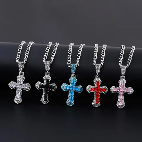 Hip Hop Iced Out Colorful Cross Pendant Necklace Stainless Steel Cuban Chain Zirconia Fashion Streetwear Jewelry For Men Women