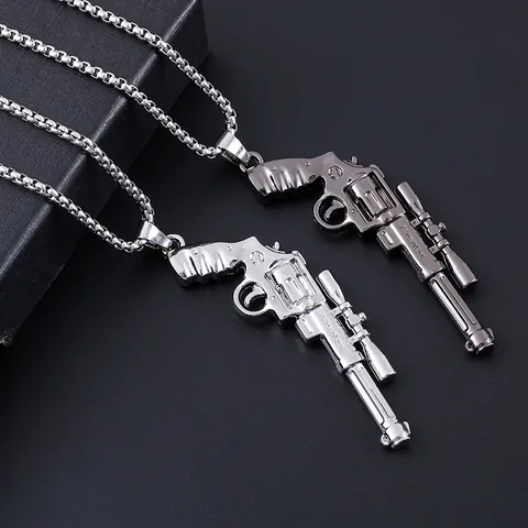 Collier Pendentif Revolver Rétro Hip Hop Avec Chaîne en Os de Dragon Bijoux de Modèle Pistolet en Alliage Pour Hommes Femmes Style Punk