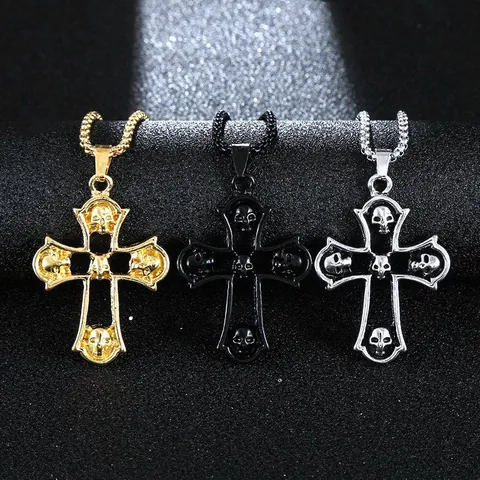 Vintage Gothic Skull Cross Pendant Necklace Titanium Steel Alloy Punk Rock Hip Hop Streetwear Jewelry Gift For Men Women