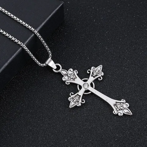 Collier Pendentif Croix Gothique Vintage Pour Hommes Chaîne De Quille En Acier Titane Alliage Incrusté De Strass Bijoux Punk Religieux