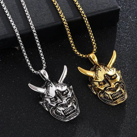 Vintage Punk Hip Hop Hannya Mask Pendant Necklace For Men Titanium Steel Chain Alloy Demon Ghost Face Horns Jewelry Gift