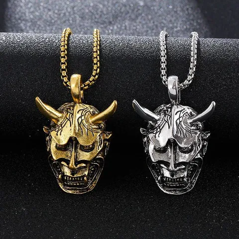 Vintage Punk Hip Hop Hannya Mask Pendant Necklace For Men Titanium Steel Chain Alloy Demon Ghost Face Horns Jewelry Gift