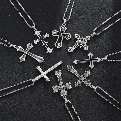 Collier Pendentif Croix en Acier Inoxydable Gothique Vintage pour Hommes Femmes Hip Hop Rétro Alliage Floral Crâne Bijoux Religieux