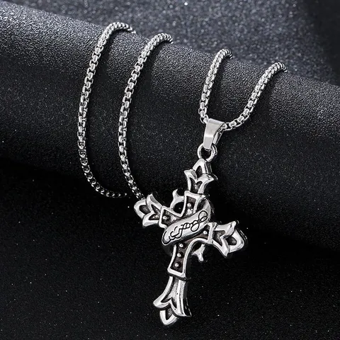 Collier Pendentif Croix en Acier Inoxydable Gothique Vintage pour Hommes Femmes Hip Hop Rétro Alliage Floral Crâne Bijoux Religieux