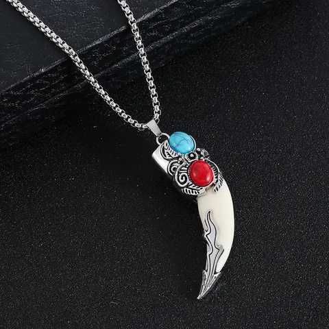 Vintage Punk Stainless Steel Wolf Tooth Wolf Head Pendant Necklace For Men Resin Bone Zirconia Tribal Ethnic Style Jewelry