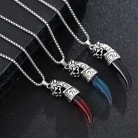 Collier Dent de Loup en Acier Inoxydable pour Hommes Tête de Dragon Vintage Style Punk Pendentif en Alliage et Résine Bijoux