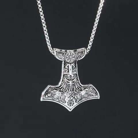 Vintage Viking Mjolnir Pendant Necklace For Men Retro Silver Odin Raven Thor Hammer Titanium Steel Dragon Bone Chain Jewelry
