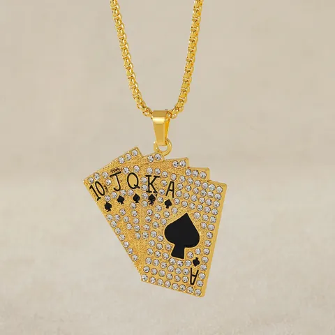 Hip Hop Golden Alloy Rhinestone Poker Cards Royal Flush Spades Pendant Necklace For Men Women Streetwear Fashion Jewelry