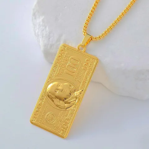 Hip Hop 100 Dollar Bill Money Pendant Necklace Gold Plated Stainless Steel Chain Alloy Charm For Men Women Jewelry Gift