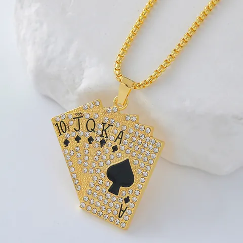Hip Hop Golden Alloy Rhinestone Poker Cards Royal Flush Spades Pendant Necklace For Men Women Streetwear Fashion Jewelry