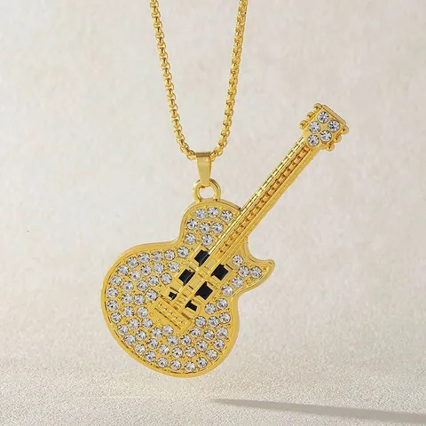 Collier Pendentif Guitare Hiphop Rock pour Hommes Femmes Chaîne de Quille en Acier Inoxydable Alliage Strass Bijoux Instrument de Musique Cadeau