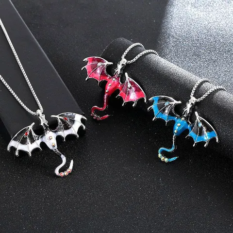 Collier Pendentif Dragon Volant en Alliage Vintage Hip Hop Avec Chaîne en Acier Titane Émail Bijoux Animaux Avec Strass pour Hommes Femmes