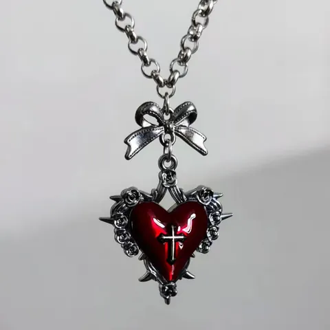 Collier Cœur Gothique Nœud Croix Pour Femmes Hommes Vintage Punk Chaîne En Acier Titane Alliage Émail Rose Épines Pendentif Bijoux