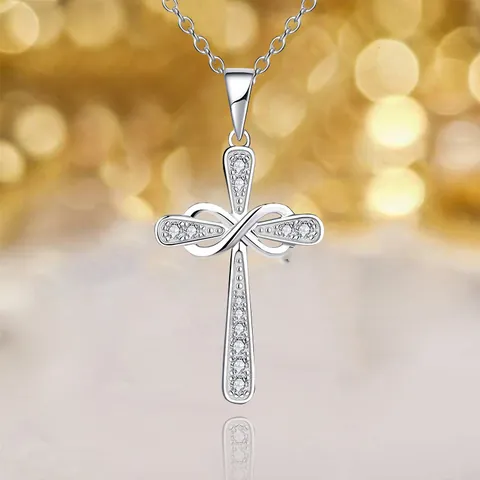 Collier Pendentif Croix Symbole Infini en Alliage Incrusté de Zirconium Or Argent Or Rose Bijoux pour Femmes Cadeau de Foi Religieuse