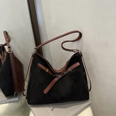 Women's Large Capacity Suede-look PU Leather Shoulder Bag Vintage Belt Decoration Commuter Tote Hobo Bag Fashion Travel Handbag