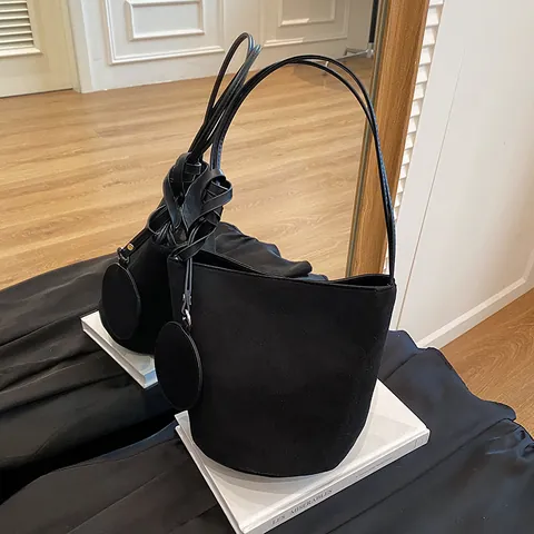 Retro Minimalistische Damen Eimer Tasche Mit Wildlederoptik PU Leder Mode Achseltasche Schultertasche Mit Knoten Riemen