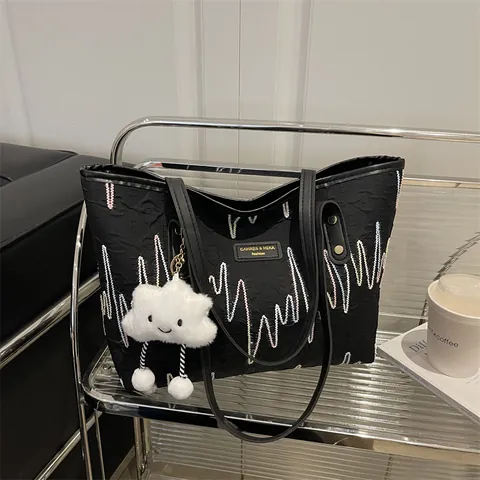 Large Capacity Embroidery Tote Bag For Women PU Leather Fabric Shoulder Bag With Cute Cloud Plush Pendant Casual Handbag