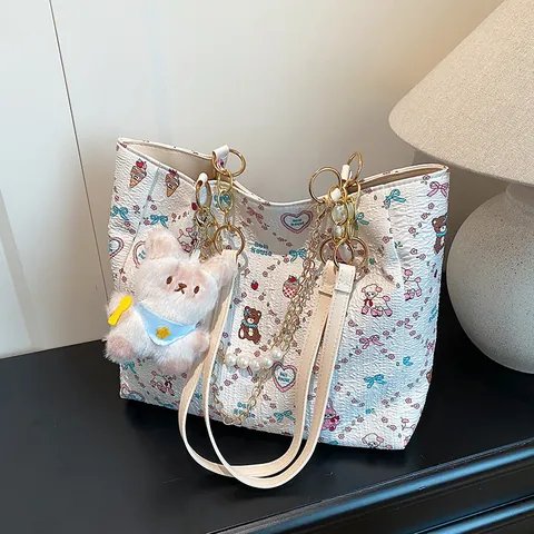 Bolso Tote Estampado de Dibujos Animados para Mujer Cuero PU Dulce Oso Conejo Bolso Cadena Perlas Artificiales Correa Hombro Metal