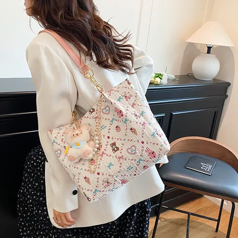 Bolso Tote Estampado de Dibujos Animados para Mujer Cuero PU Dulce Oso Conejo Bolso Cadena Perlas Artificiales Correa Hombro Metal