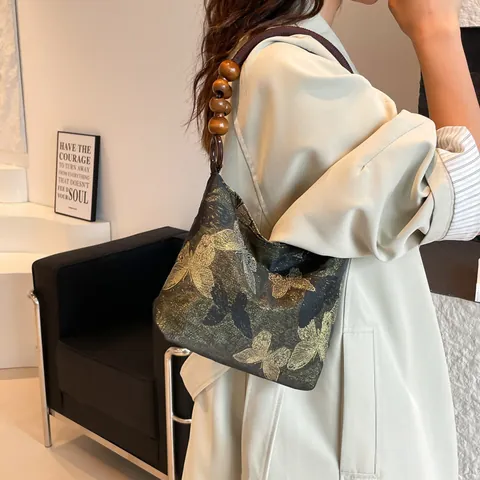 Borsa a Mano in Stile Cinese con Ricamo a Farfalla Donna Sottobraccio in Satin Jacquard con Manico in Perle di Legno