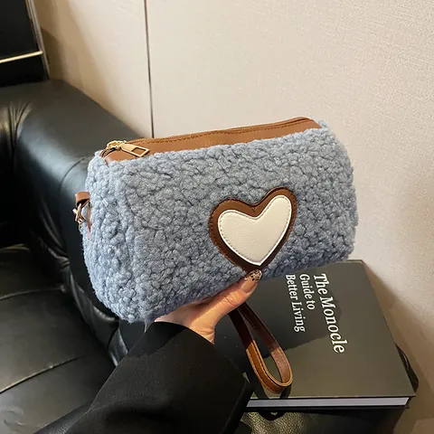 Women Fashion Sherpa Fleece Heart Crossbody Bag Small Cylinder Shoulder Bag Autumn Winter Trendy Plush Handbag Casual Travel Bag