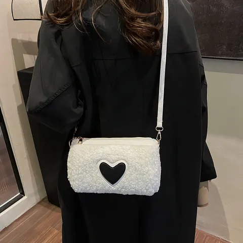 Women Fashion Sherpa Fleece Heart Crossbody Bag Small Cylinder Shoulder Bag Autumn Winter Trendy Plush Handbag Casual Travel Bag