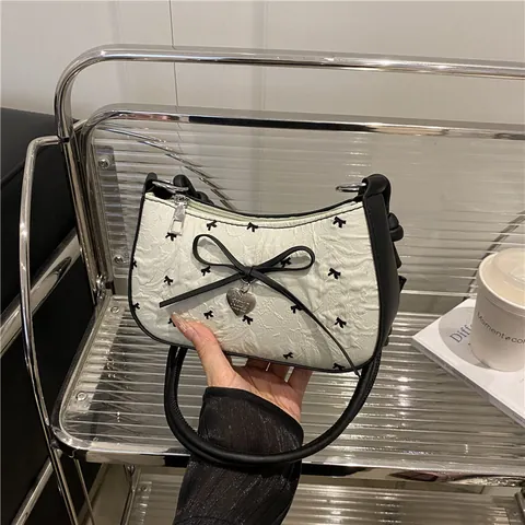 Borsa Sottobraccio Dolce Coreana Con Fiocco Da Donna In Pelle PU Tessitura Seersucker Pendente A Cuore Tracolla Pendolare