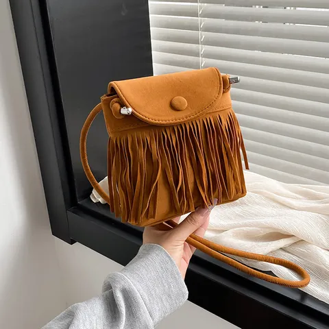 Sac Bandoulière Vintage en Daim pour Femmes avec Franges Bohème Petit Sac à Épaule Carré pour le Quotidien Voyage Mode