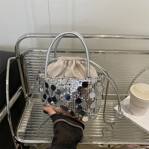 Borsa a Secchiello con Paillettes da Donna in Pelle PU con Catena Tracolla Borsa a Mano con Coulisse per Feste Serali