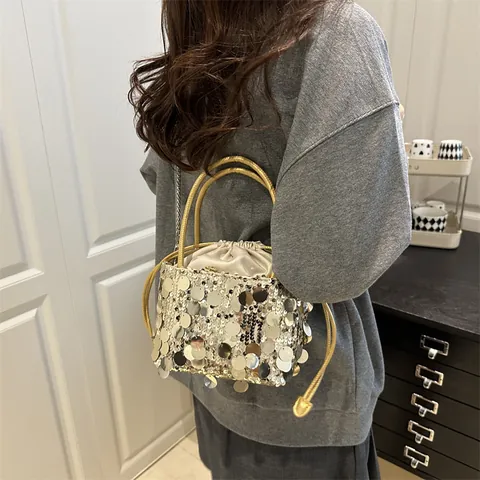Borsa a Secchiello con Paillettes da Donna in Pelle PU con Catena Tracolla Borsa a Mano con Coulisse per Feste Serali
